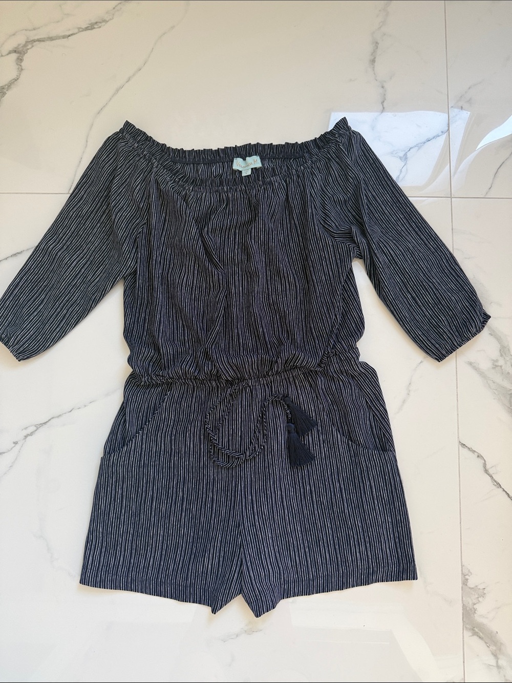 Veronica M Navy and White Striped Off-Shoulder Romper